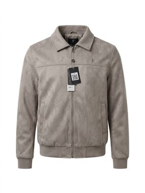 F Collections Men's Luxury Suede Bomber Full Zip Taupe Brown Jacket Size L